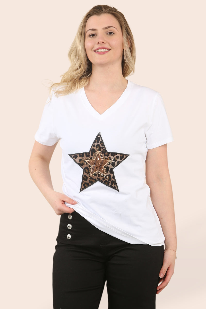 Crystal Embellished Leopard Star T-Shirt (2P.PACK: S/M L/XL) - jqwholesale.com