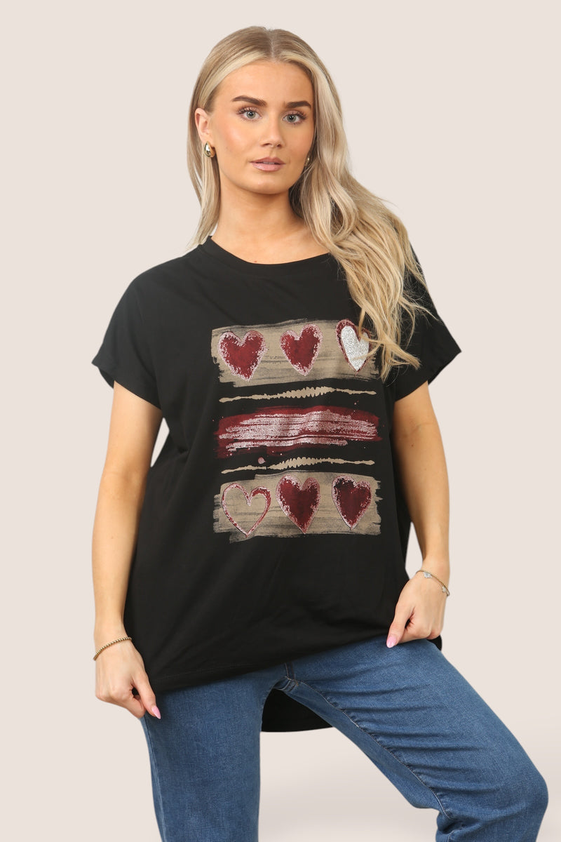 Triple Heart Stripe Metallic High Low Cotton T-shirt - jqwholesale.com