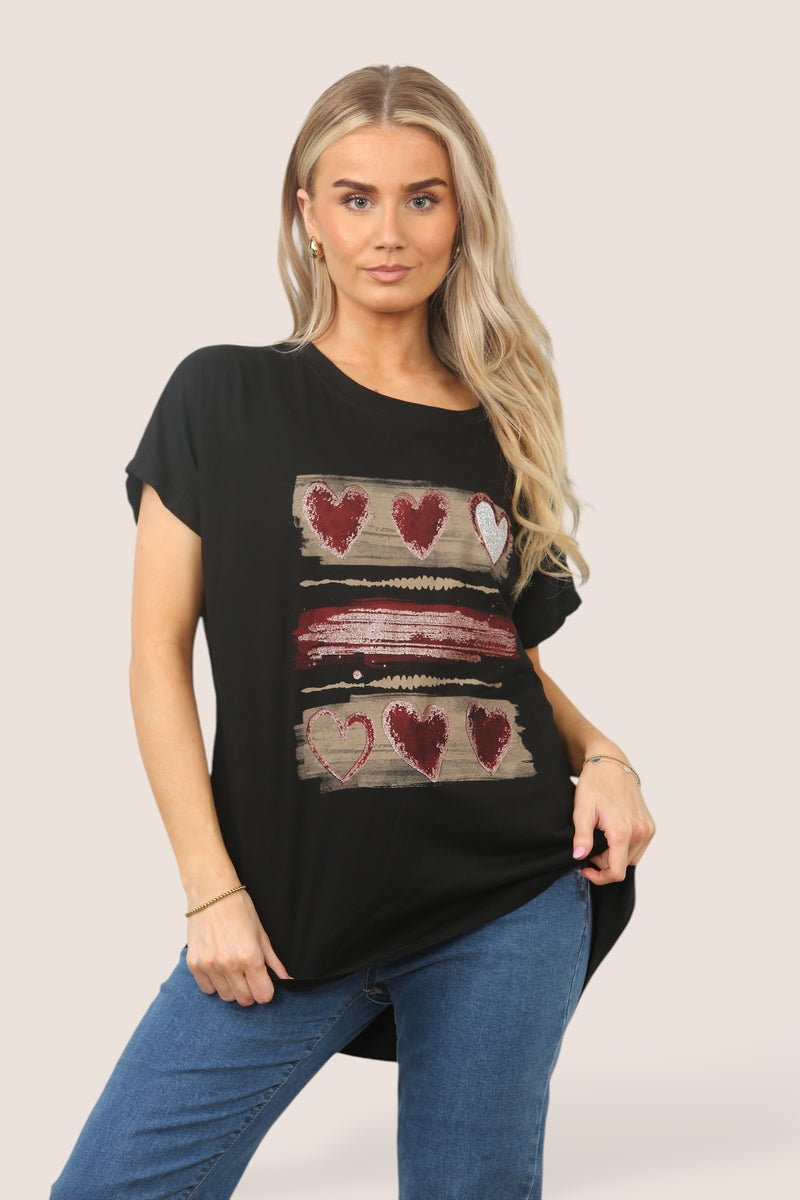 Triple Heart Stripe Metallic High Low Cotton T-shirt - jqwholesale.com