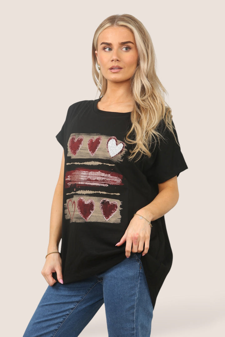 Triple Heart Stripe Metallic High Low Cotton T-shirt - jqwholesale.com