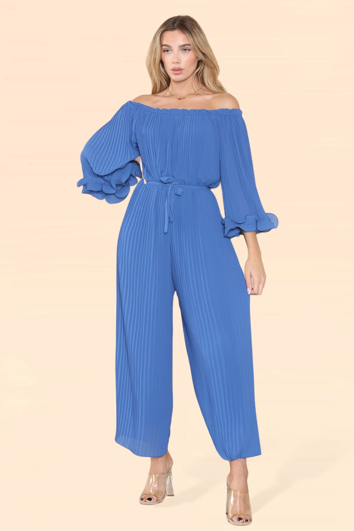 Sofia Bardot Pleated Frill Jumpsuit - jqwholesale.com