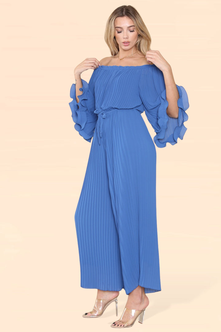 Sofia Bardot Pleated Frill Jumpsuit - jqwholesale.com