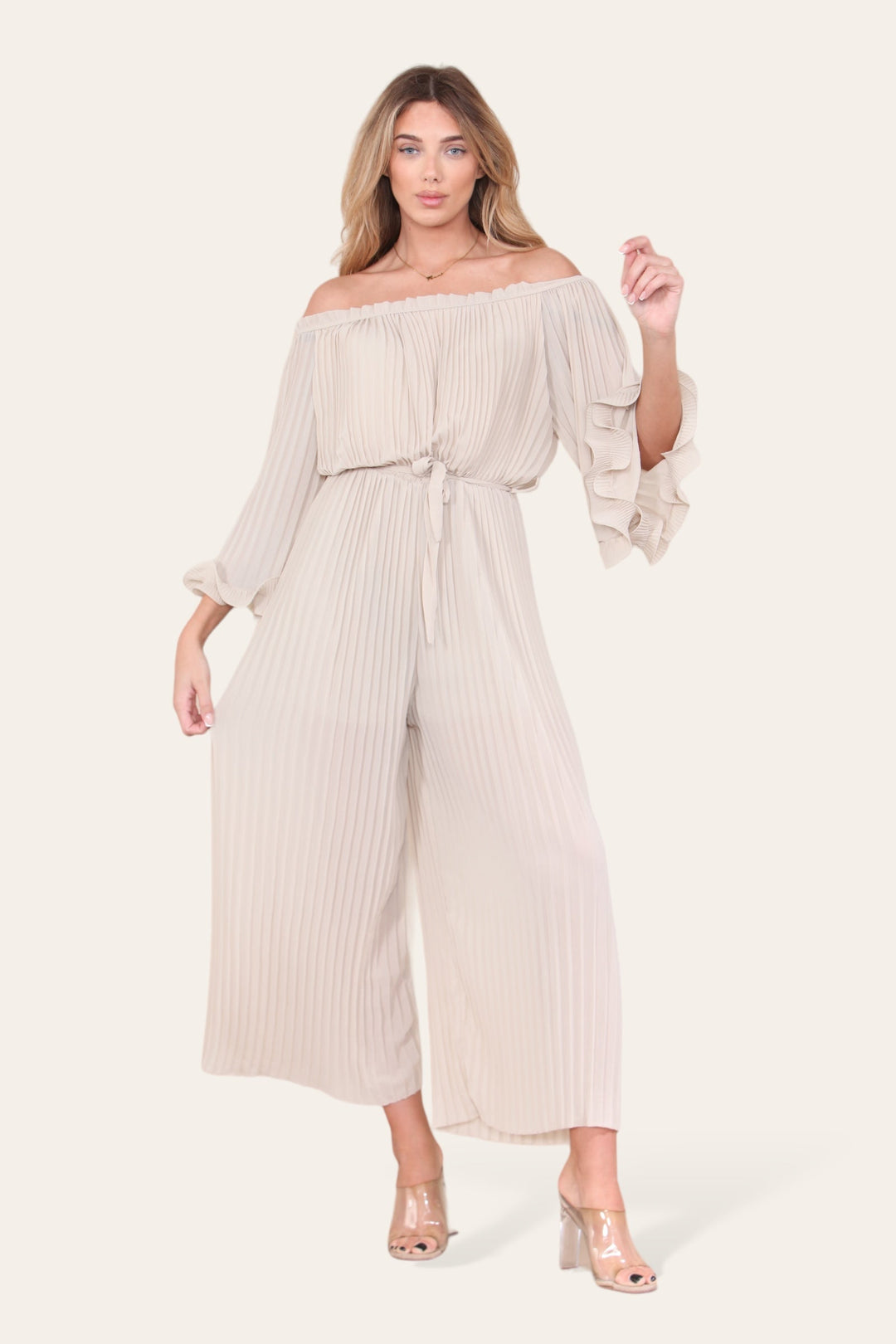 Sofia Bardot Pleated Frill Jumpsuit - jqwholesale.com