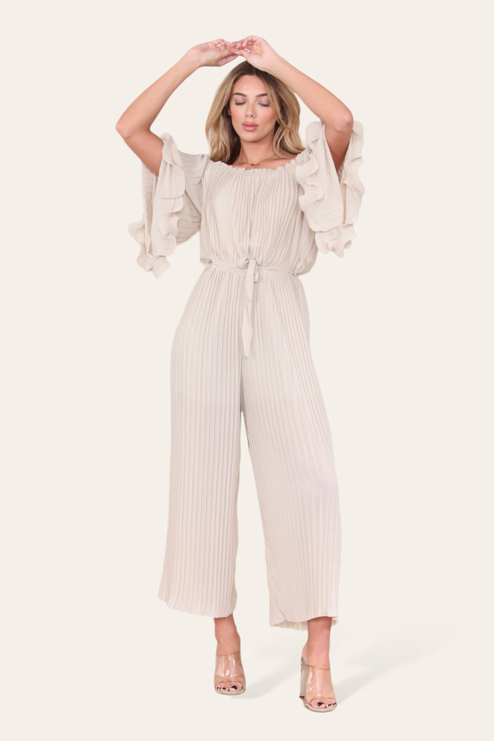 Sofia Bardot Pleated Frill Jumpsuit - jqwholesale.com