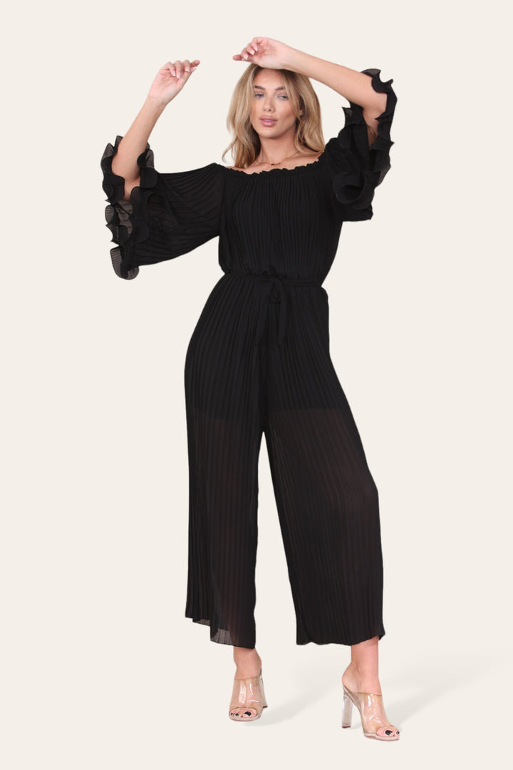 Sofia Bardot Pleated Frill Jumpsuit - jqwholesale.com
