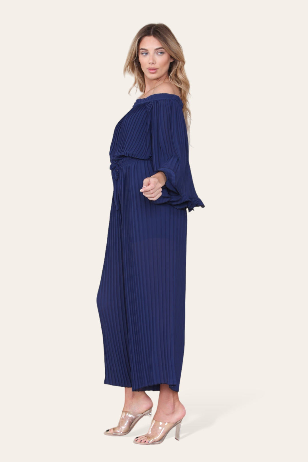 Sofia Bardot Pleated Frill Jumpsuit - jqwholesale.com