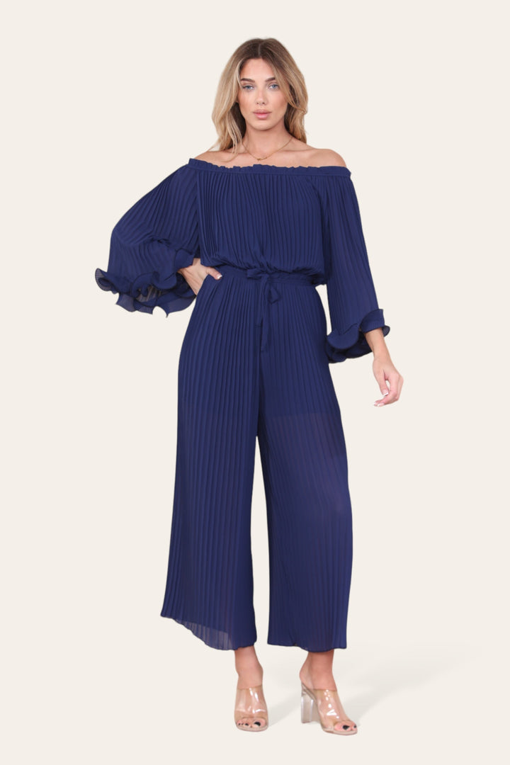 Sofia Bardot Pleated Frill Jumpsuit - jqwholesale.com