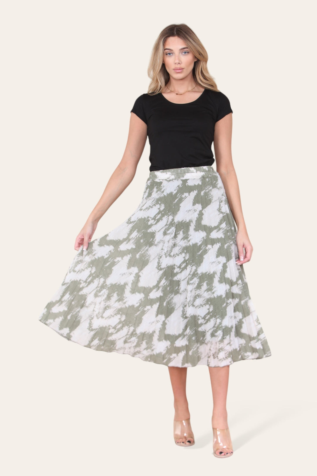 Sasha Swirl Print Pleated Midi Skirt - jqwholesale.com