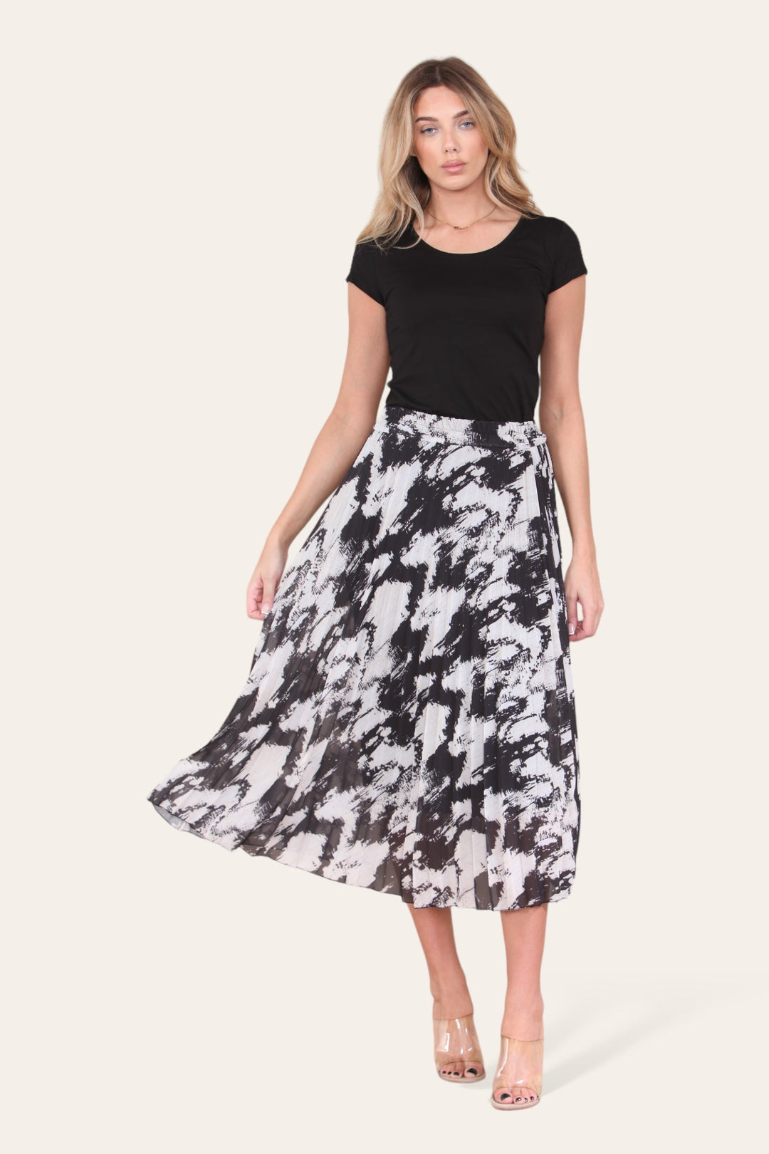 Sasha Swirl Print Pleated Midi Skirt - jqwholesale.com