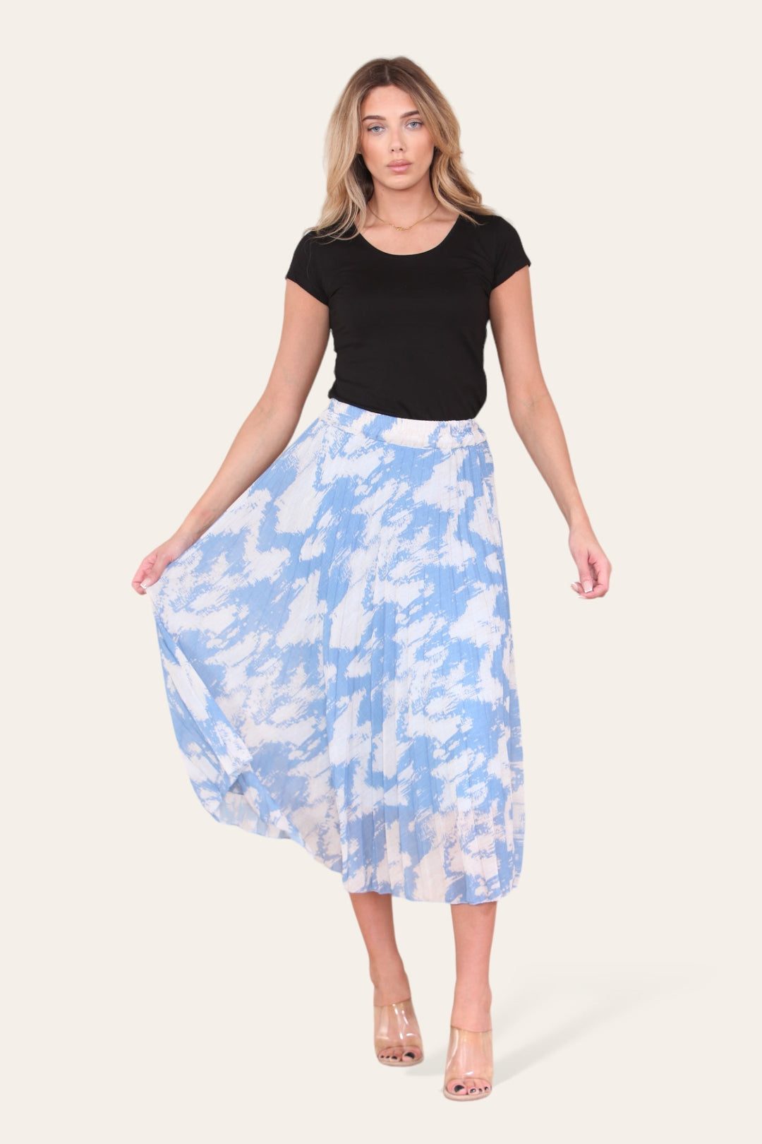 Sasha Swirl Print Pleated Midi Skirt - jqwholesale.com