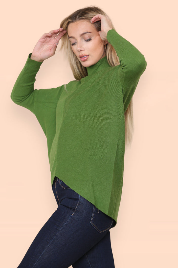 High Low Wool Blend Turtle Neck Ribbed Knit