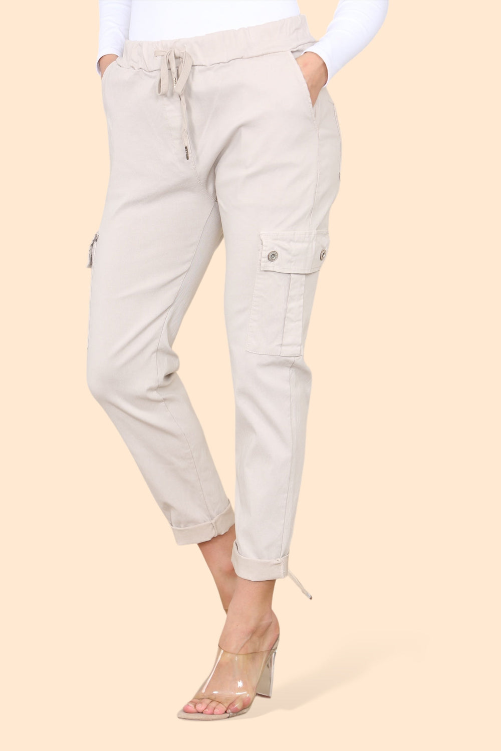 Plain Cargo Stud Pocket Bi-Stretch Magic Trousers - jqwholesale.com