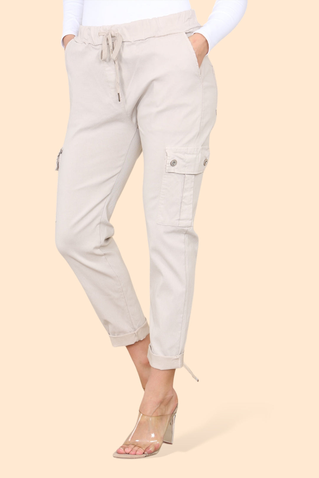 Plain Cargo Stud Pocket Bi-Stretch Magic Trousers - jqwholesale.com
