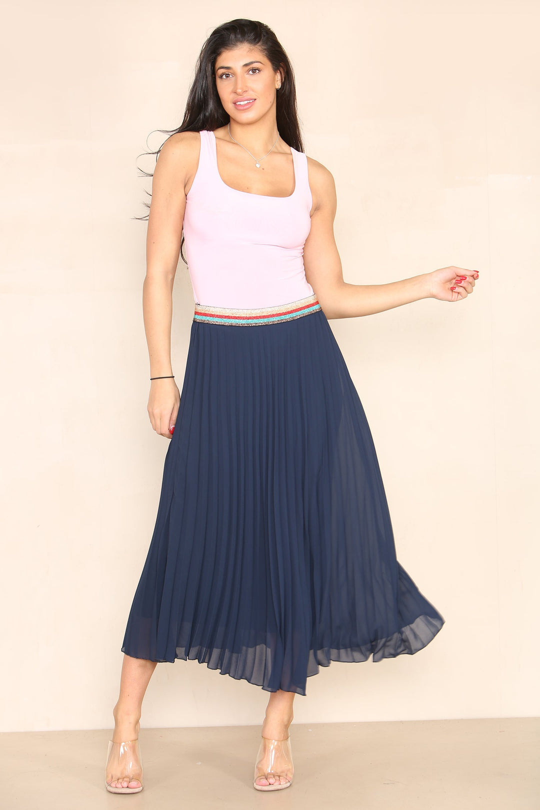 Pleated Midi Skirt with Rainbow Elasticated Waistband - jqwholesale.com