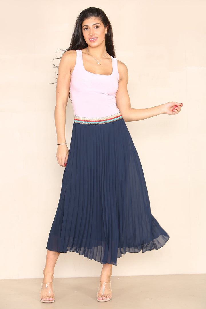 Pleated Midi Skirt with Rainbow Elasticated Waistband - jqwholesale.com
