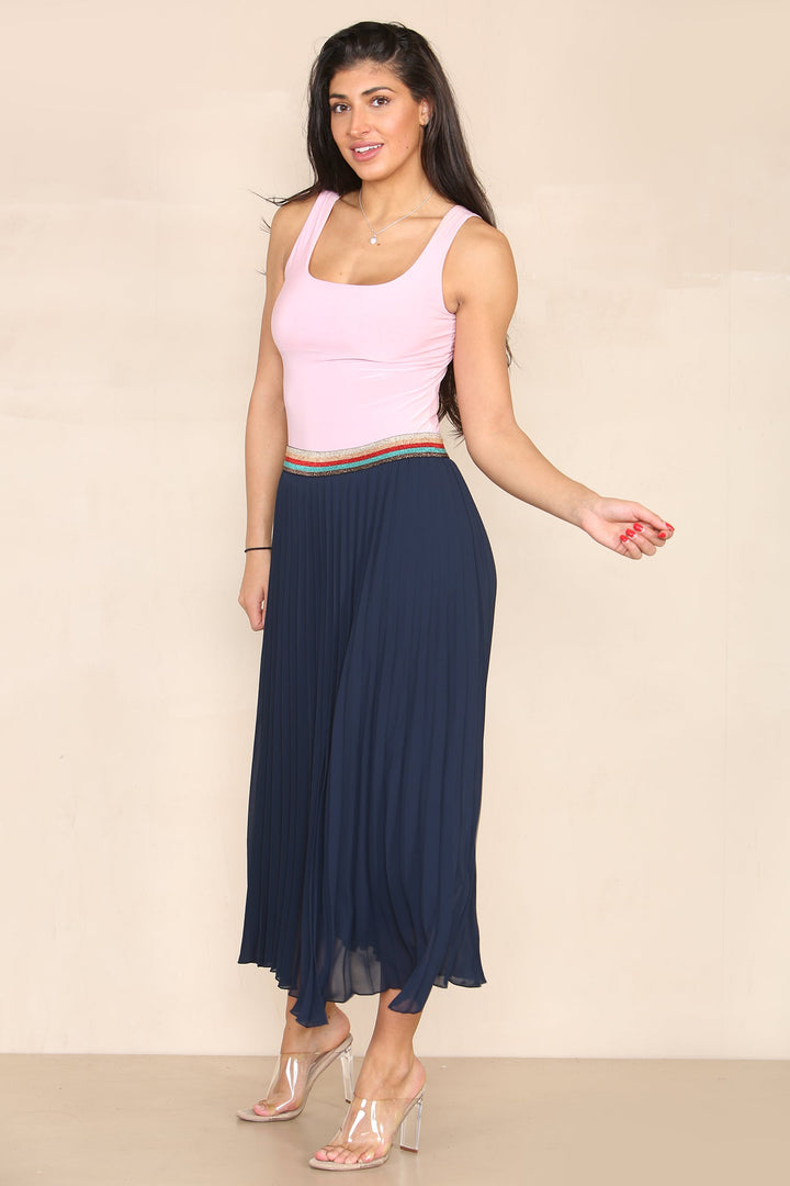 Pleated Midi Skirt with Rainbow Elasticated Waistband - jqwholesale.com