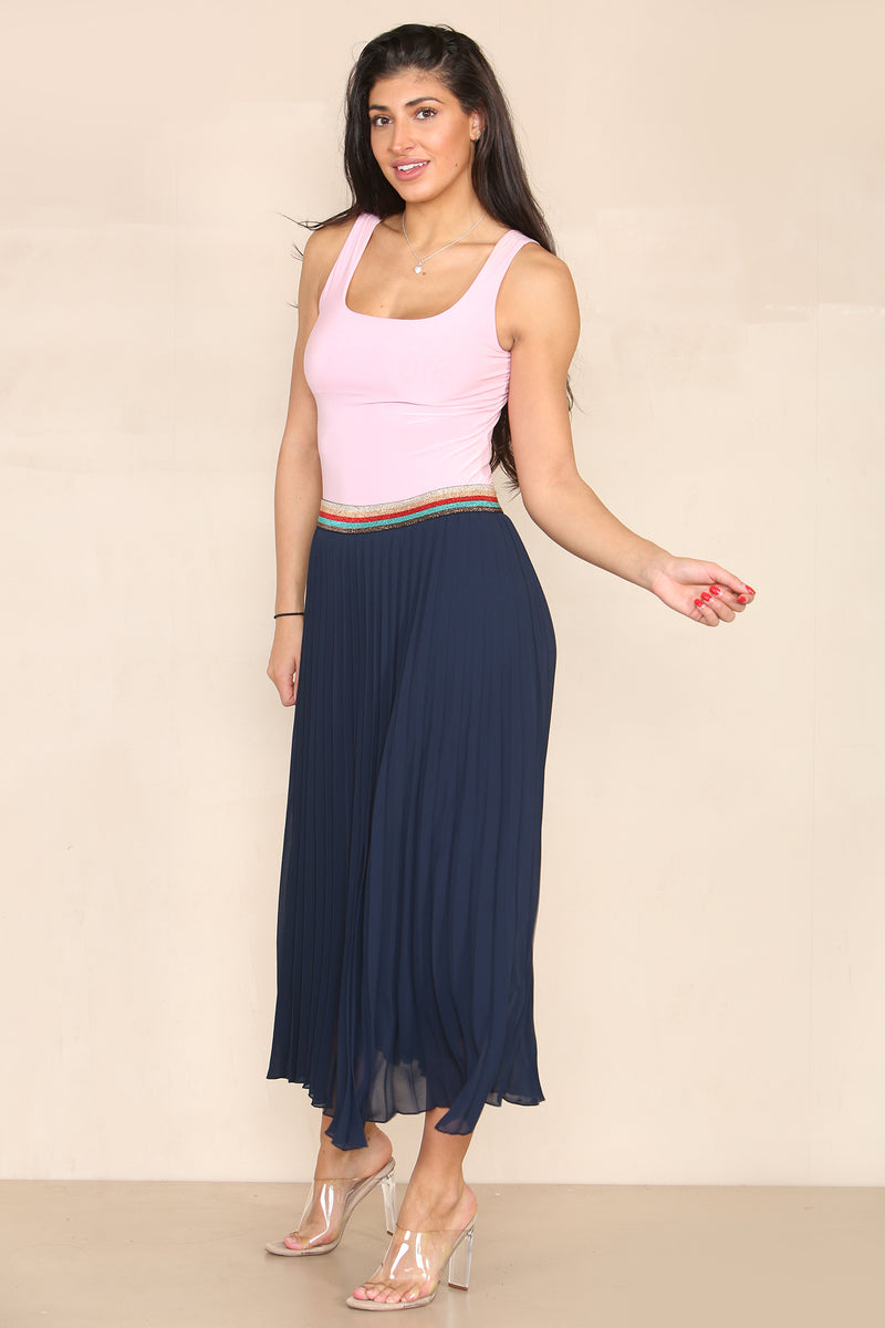 Pleated Midi Skirt with Rainbow Elasticated Waistband - jqwholesale.com
