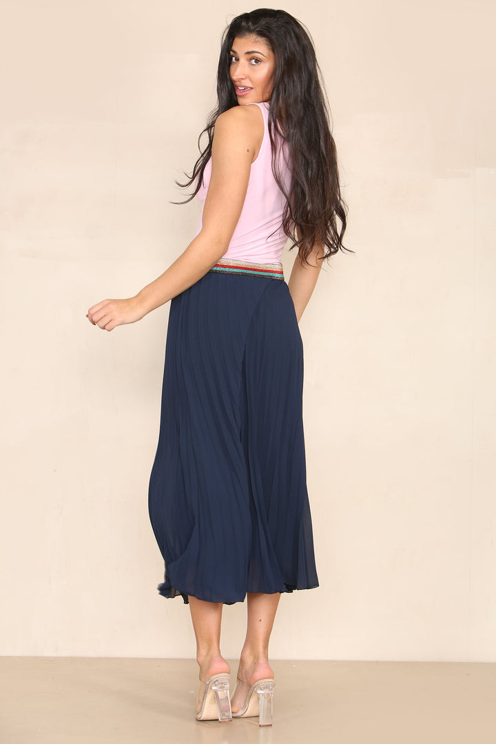 Pleated Midi Skirt with Rainbow Elasticated Waistband - jqwholesale.com