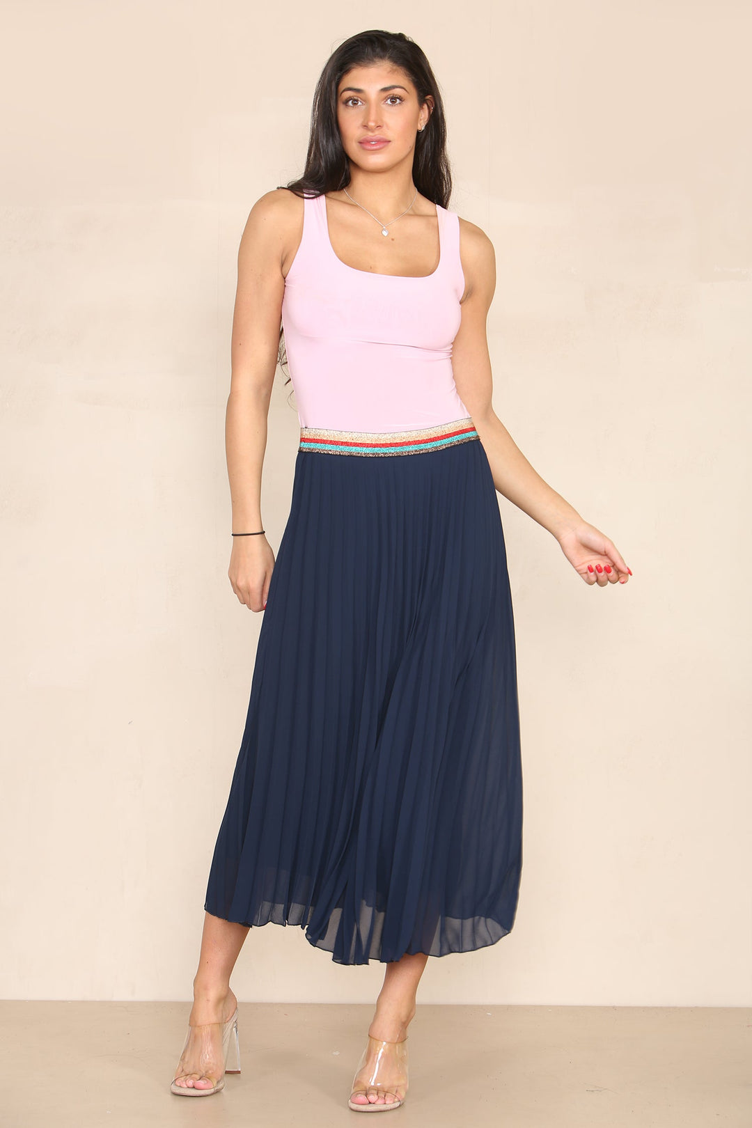 Pleated Midi Skirt with Rainbow Elasticated Waistband - jqwholesale.com