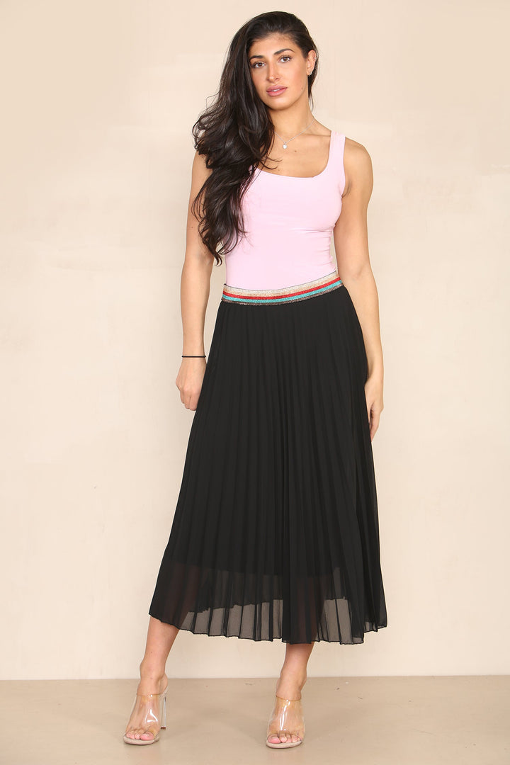 Pleated Midi Skirt with Rainbow Elasticated Waistband - jqwholesale.com