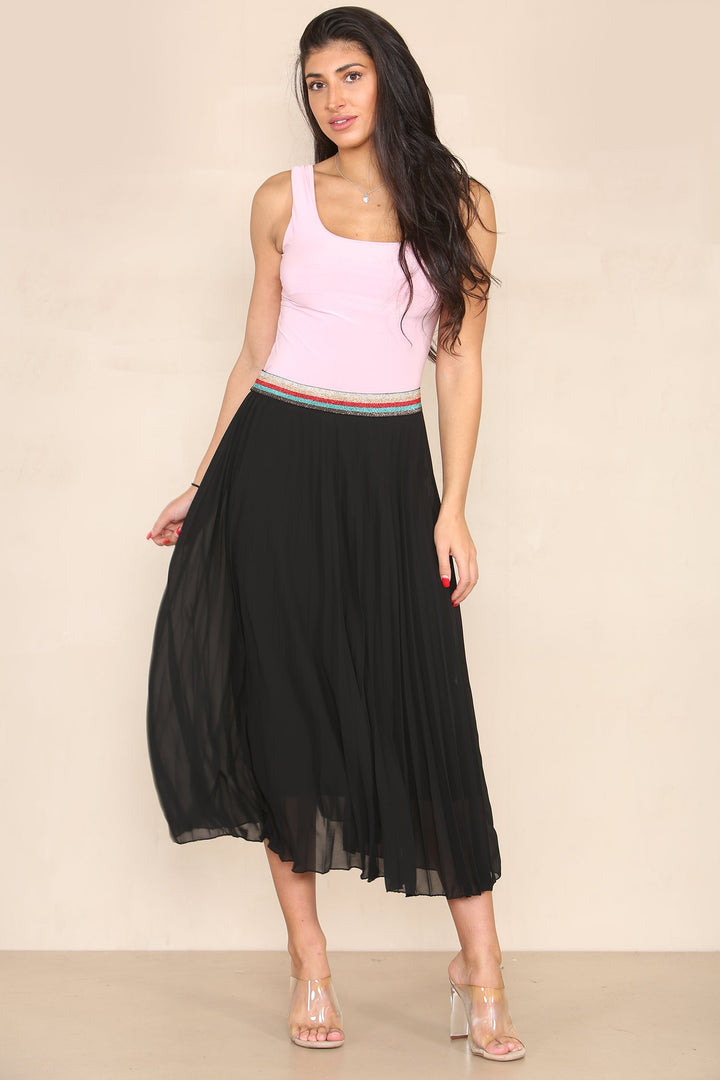 Pleated Midi Skirt with Rainbow Elasticated Waistband - jqwholesale.com