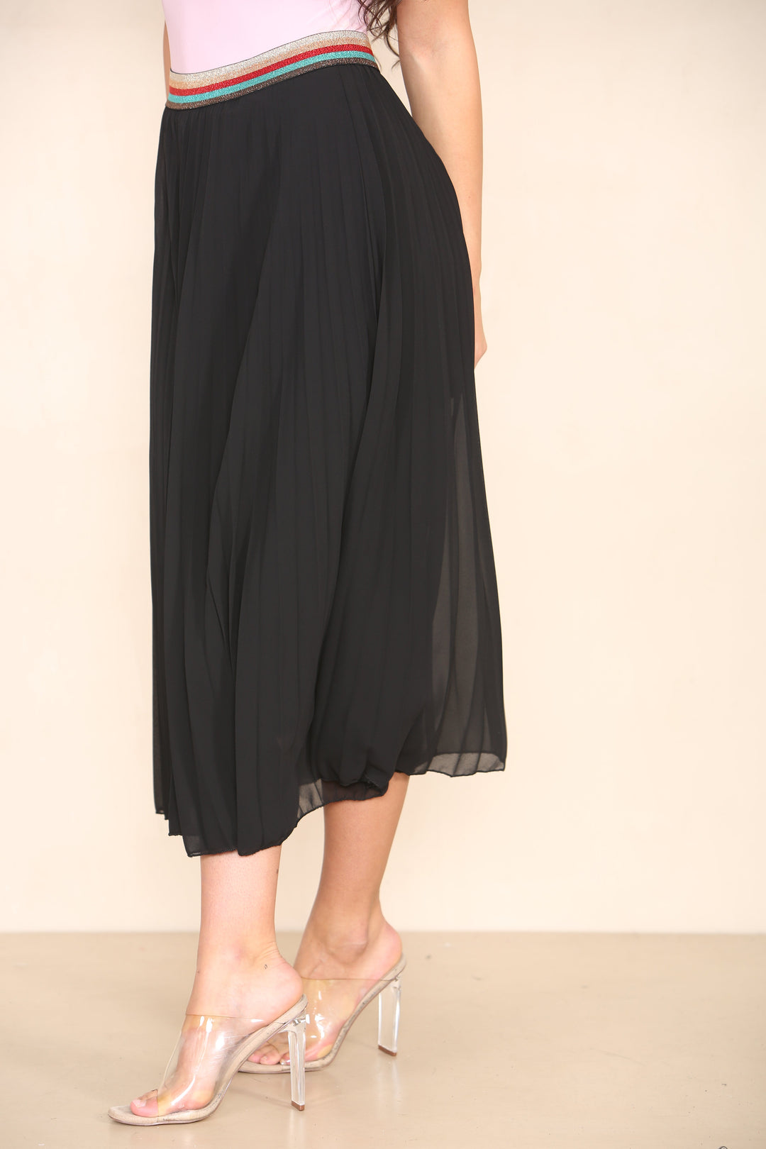 Pleated Midi Skirt with Rainbow Elasticated Waistband - jqwholesale.com