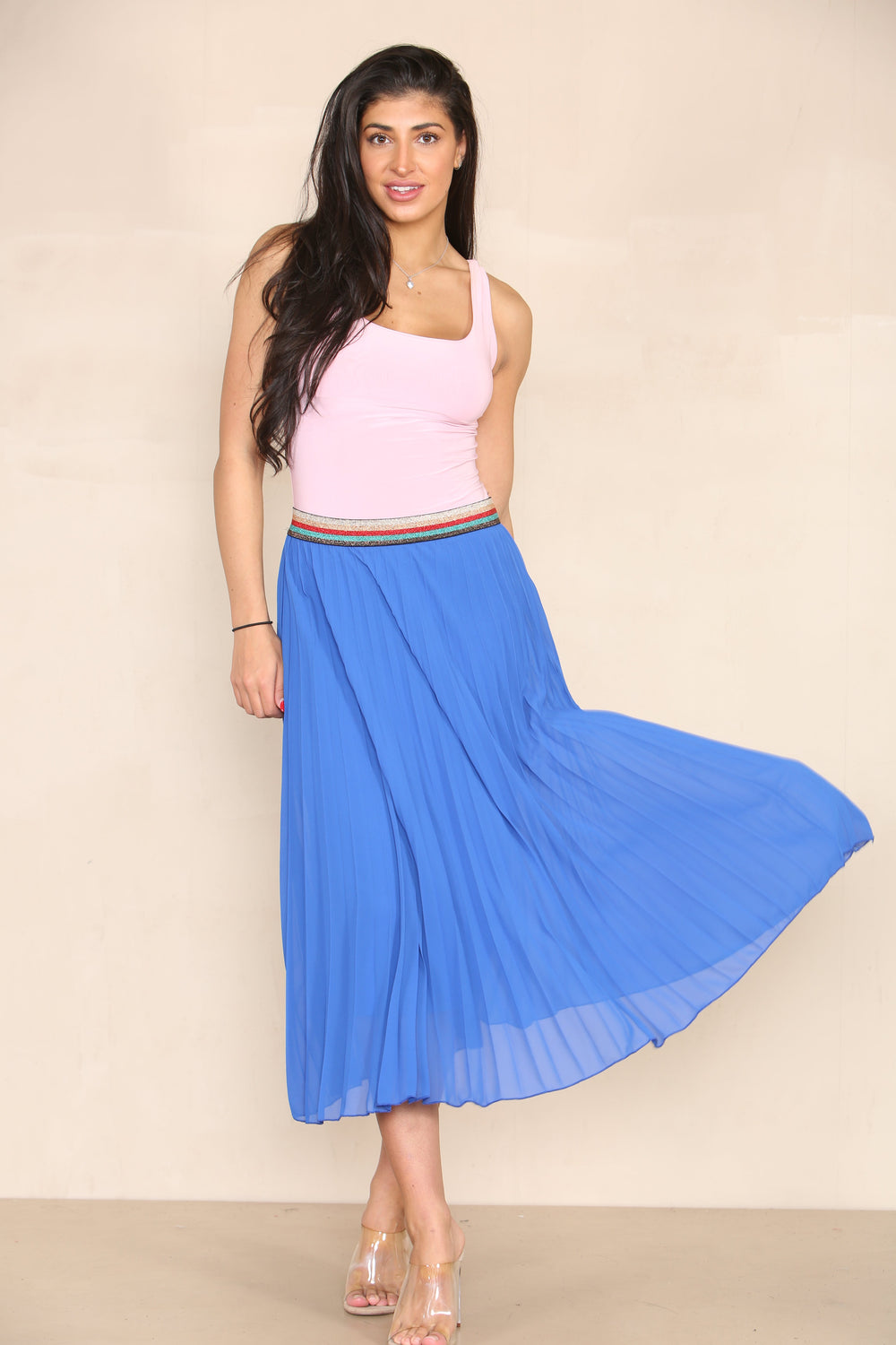 Pleated Midi Skirt with Rainbow Elasticated Waistband - jqwholesale.com
