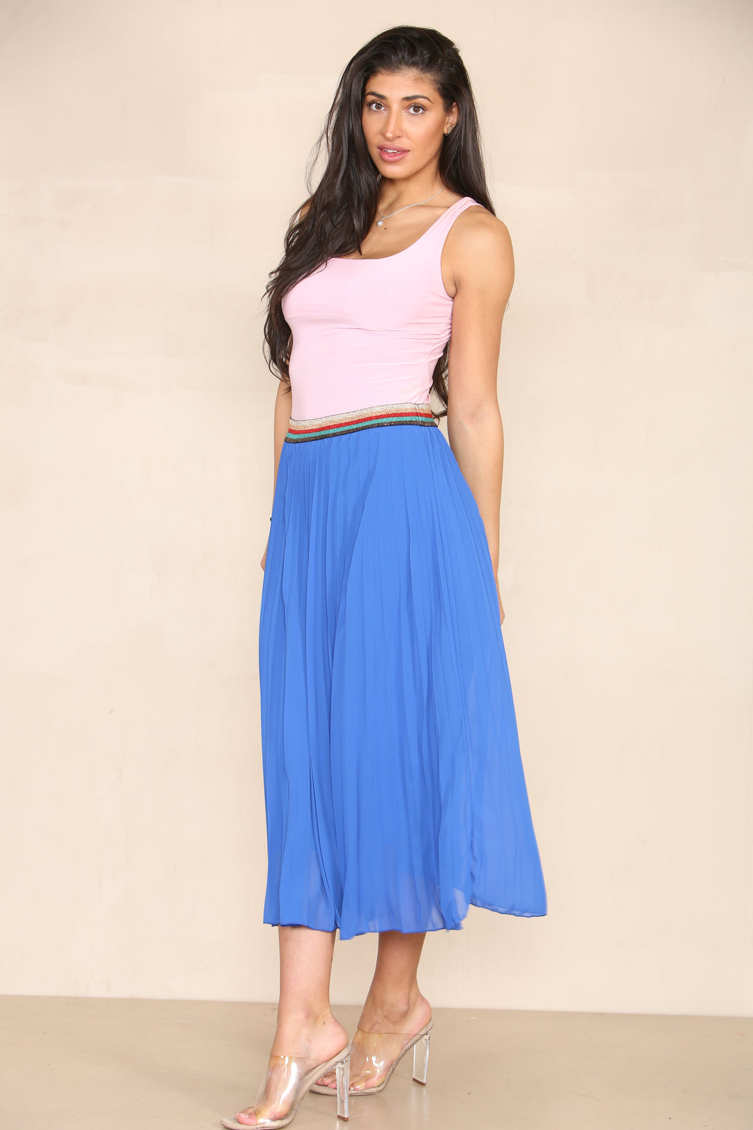 Pleated Midi Skirt with Rainbow Elasticated Waistband - jqwholesale.com