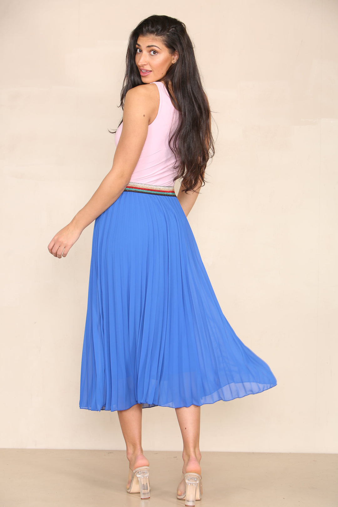 Pleated Midi Skirt with Rainbow Elasticated Waistband - jqwholesale.com