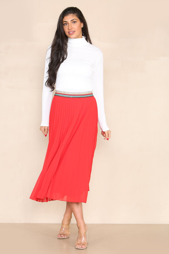 Pleated Midi Skirt with Rainbow Elasticated Waistband - jqwholesale.com