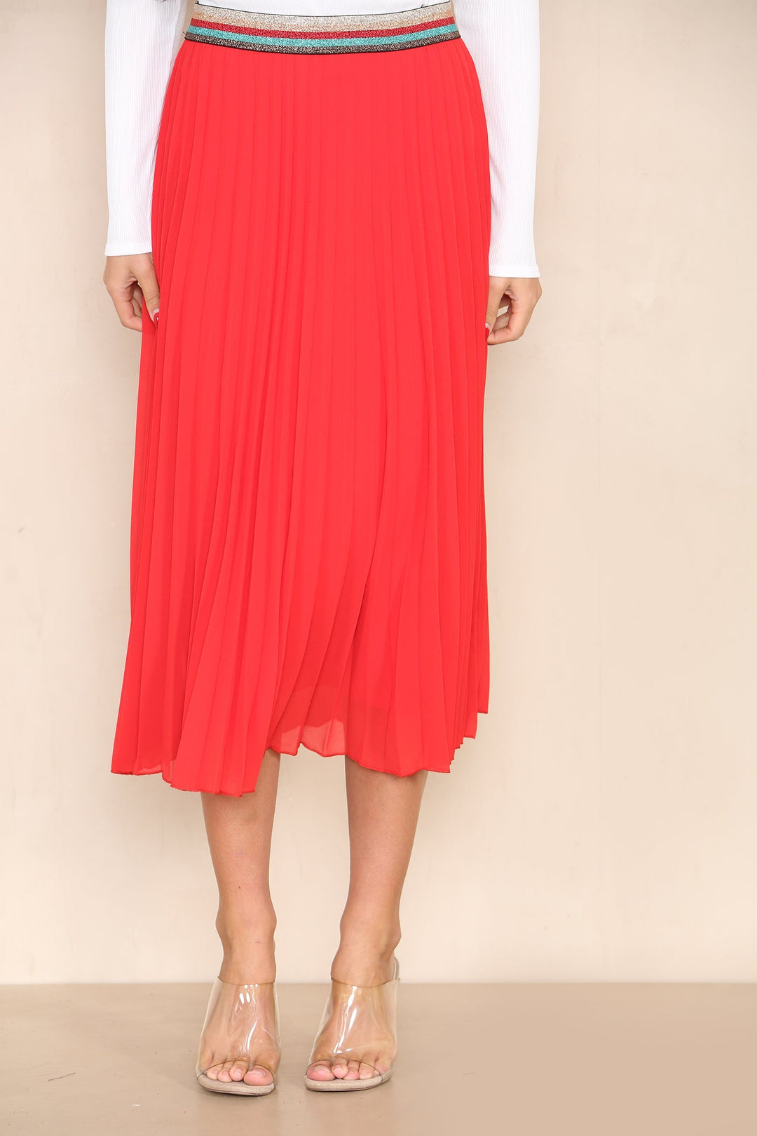Pleated Midi Skirt with Rainbow Elasticated Waistband - jqwholesale.com