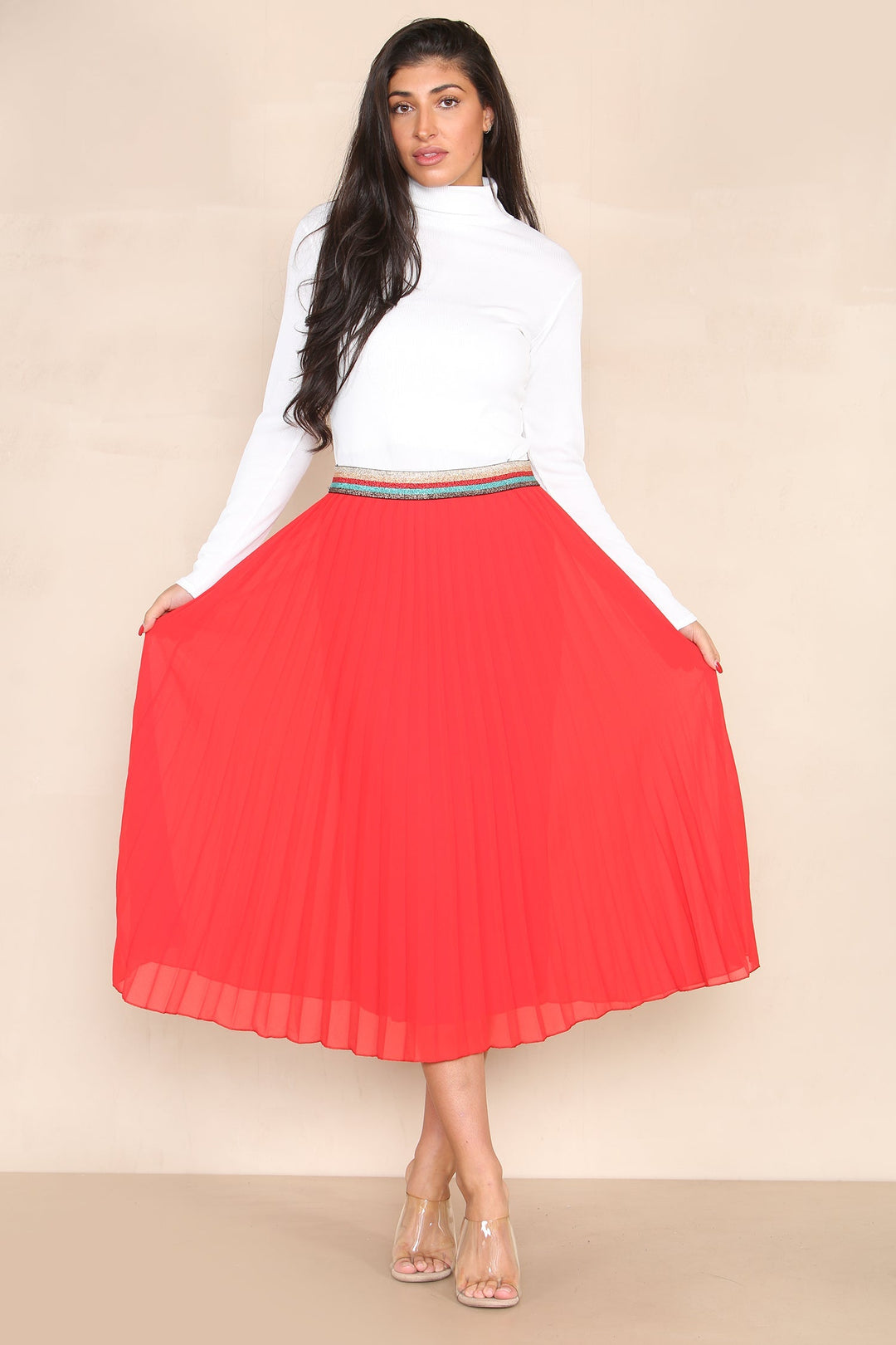 Pleated Midi Skirt with Rainbow Elasticated Waistband - jqwholesale.com