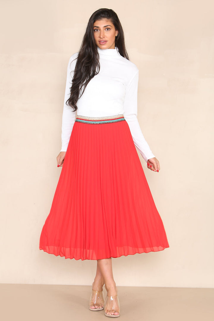 Pleated Midi Skirt with Rainbow Elasticated Waistband - jqwholesale.com