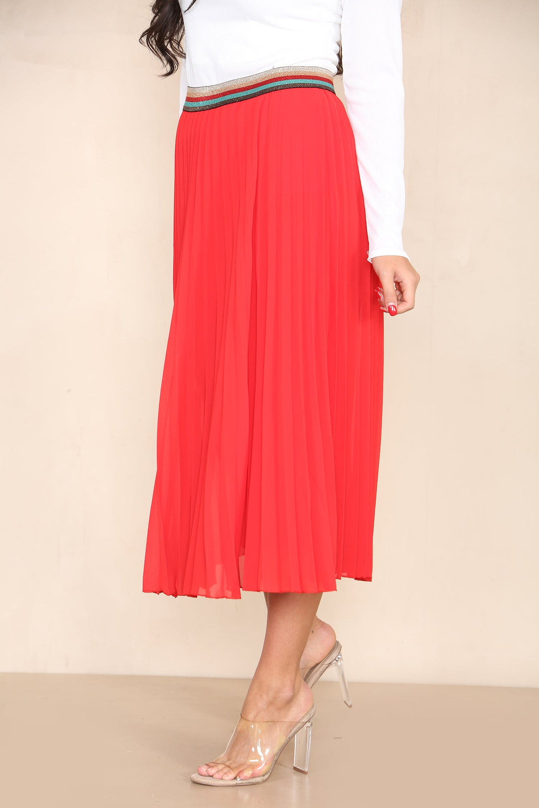 Pleated Midi Skirt with Rainbow Elasticated Waistband - jqwholesale.com