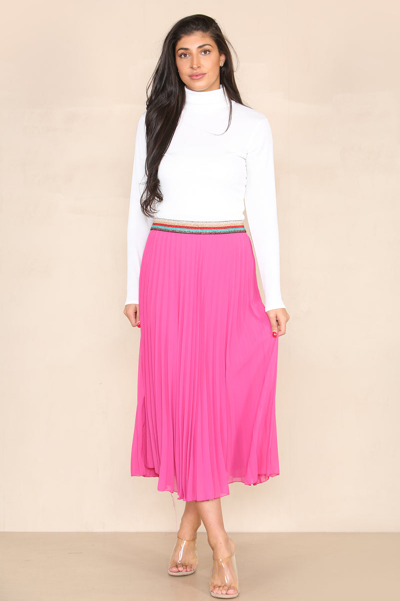 Pleated Midi Skirt with Rainbow Elasticated Waistband - jqwholesale.com