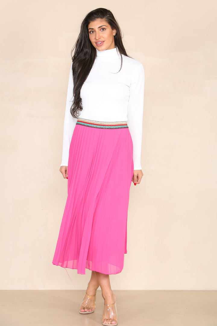 Pleated Midi Skirt with Rainbow Elasticated Waistband - jqwholesale.com