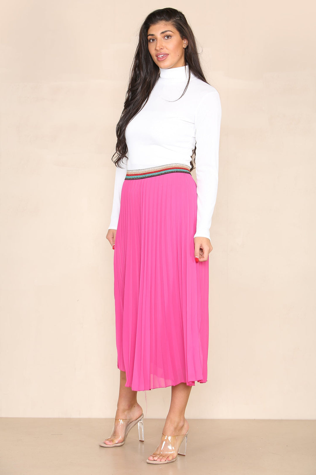 Pleated Midi Skirt with Rainbow Elasticated Waistband - jqwholesale.com