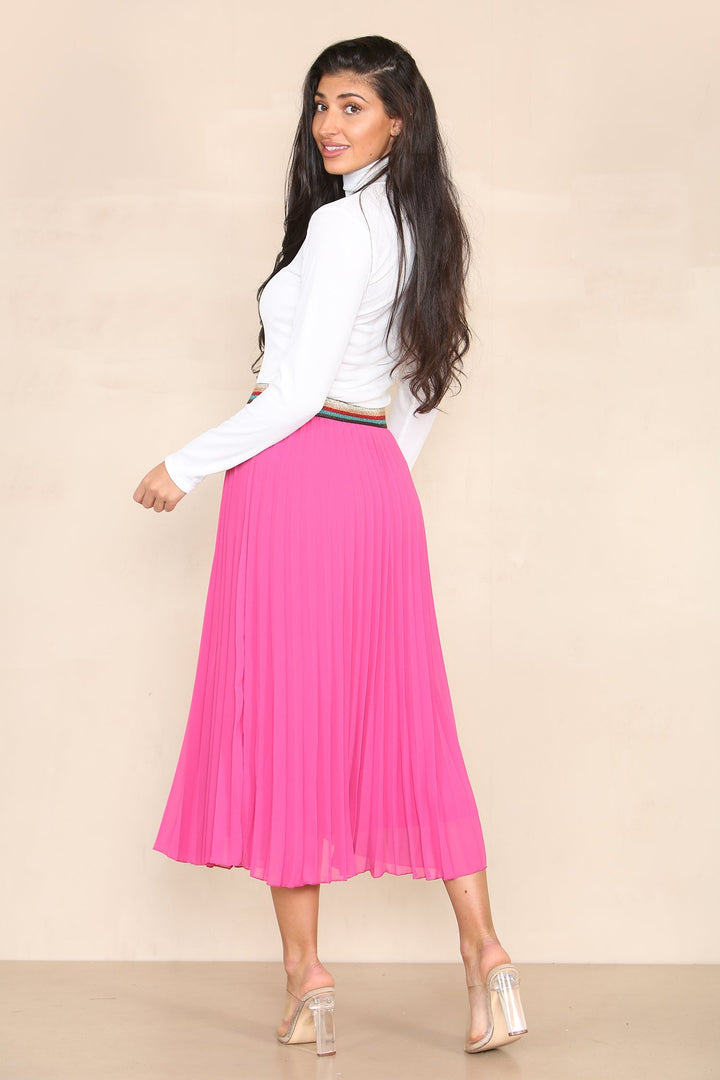 Pleated Midi Skirt with Rainbow Elasticated Waistband - jqwholesale.com