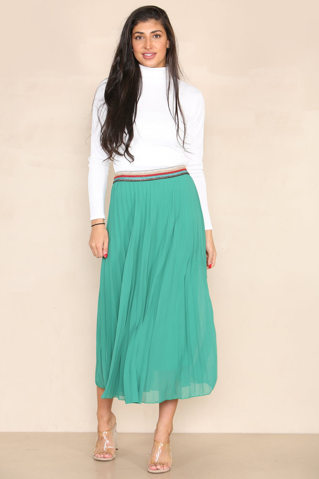 Pleated Midi Skirt with Rainbow Elasticated Waistband - jqwholesale.com