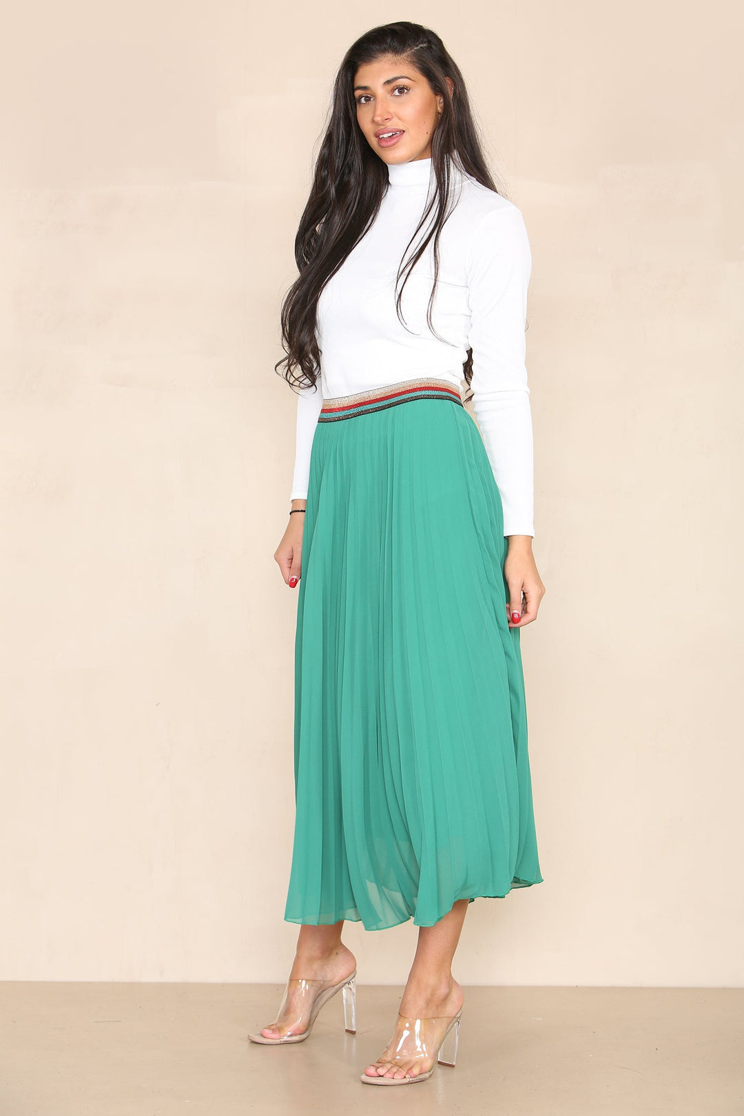 Pleated Midi Skirt with Rainbow Elasticated Waistband - jqwholesale.com