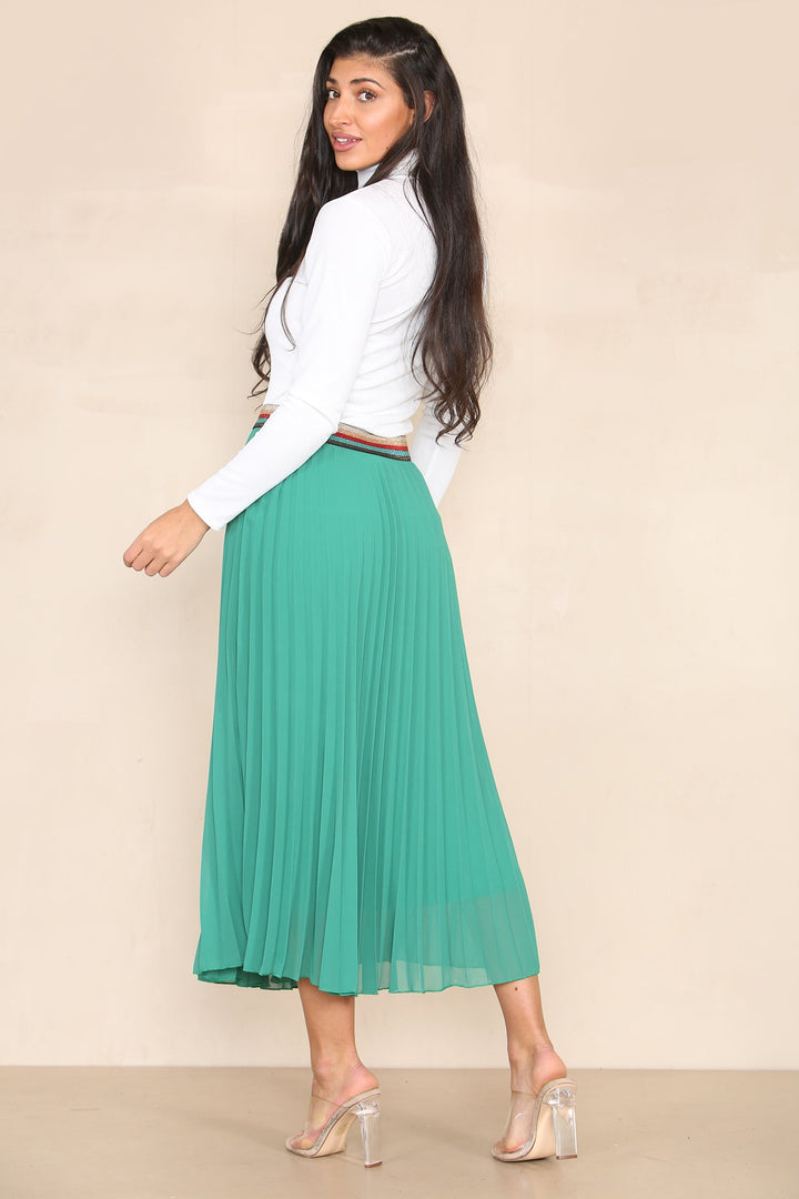 Pleated Midi Skirt with Rainbow Elasticated Waistband - jqwholesale.com