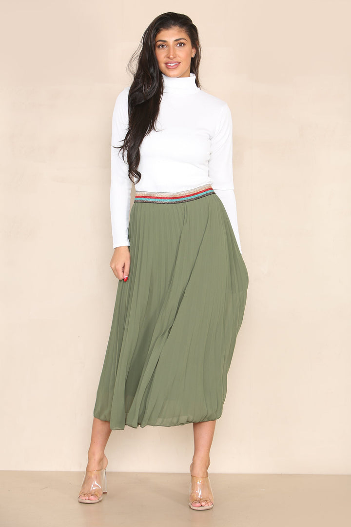 Pleated Midi Skirt with Rainbow Elasticated Waistband - jqwholesale.com