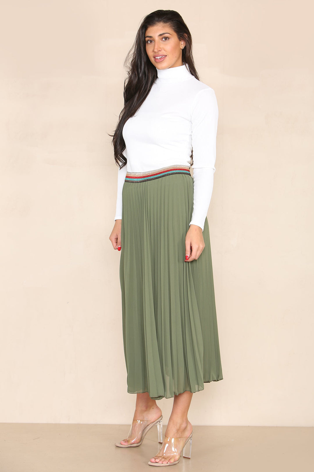 Pleated Midi Skirt with Rainbow Elasticated Waistband - jqwholesale.com