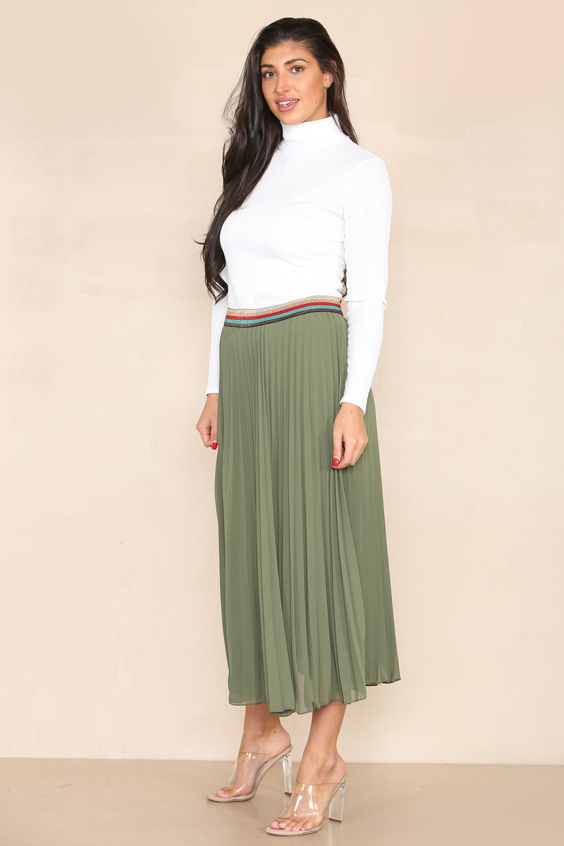Pleated Midi Skirt with Rainbow Elasticated Waistband - jqwholesale.com