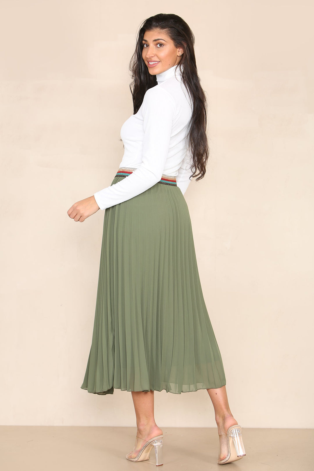 Pleated Midi Skirt with Rainbow Elasticated Waistband - jqwholesale.com