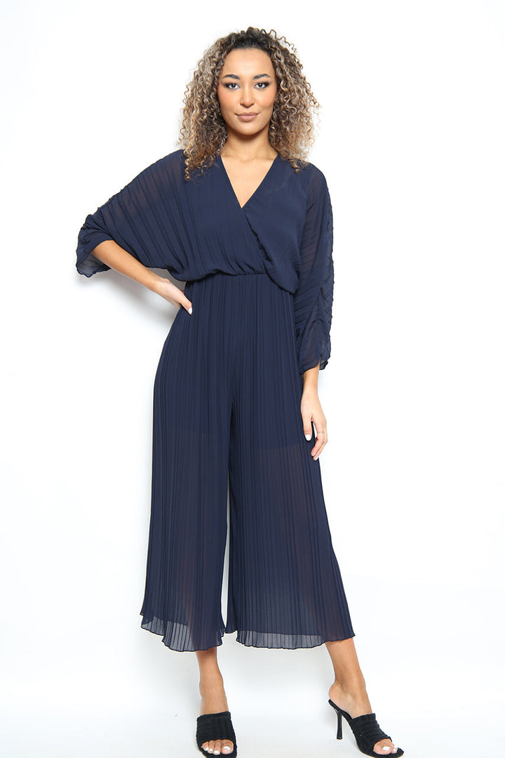 Crossover Pleated Wide Leg Jumpsuit - jqwholesale.com