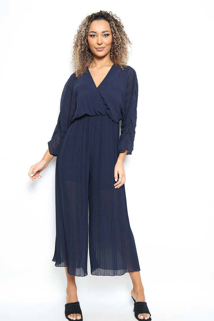 Crossover Pleated Wide Leg Jumpsuit - jqwholesale.com