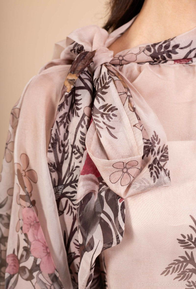 Floral Print Chiffon Blouse with Bow
