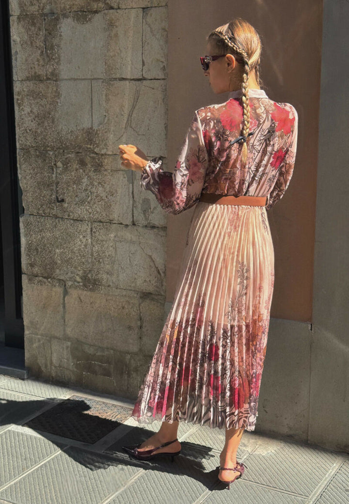 Pleated Long Floral Print Dress