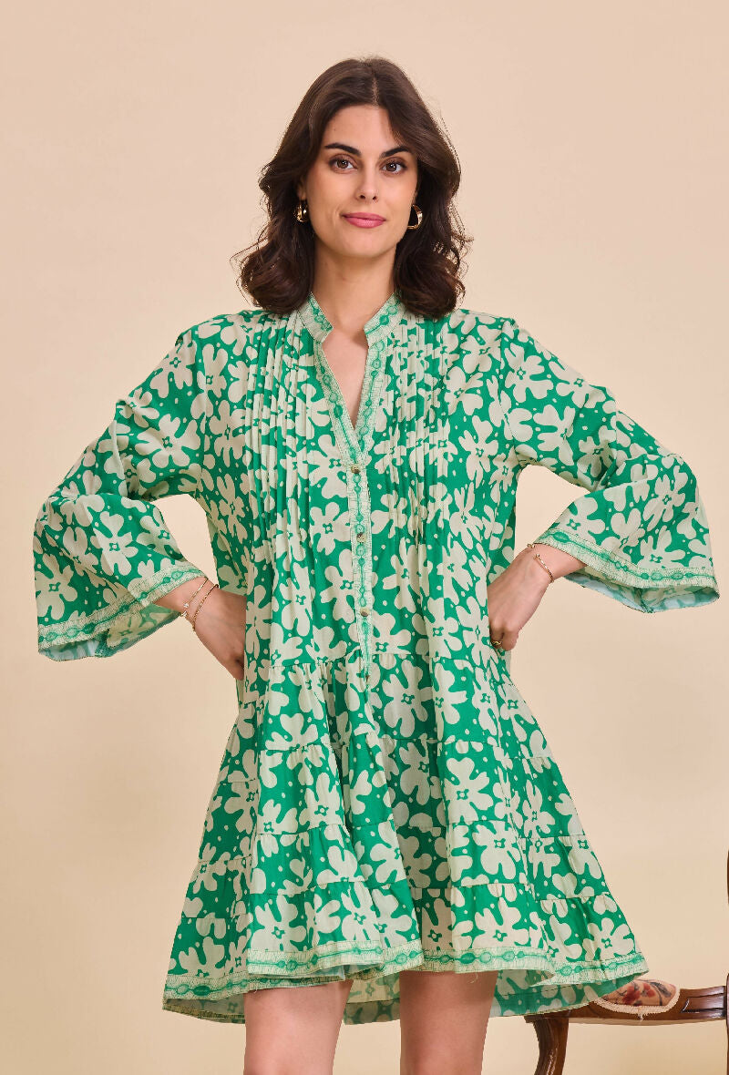 Short A-line dress in printed cotton- Light green